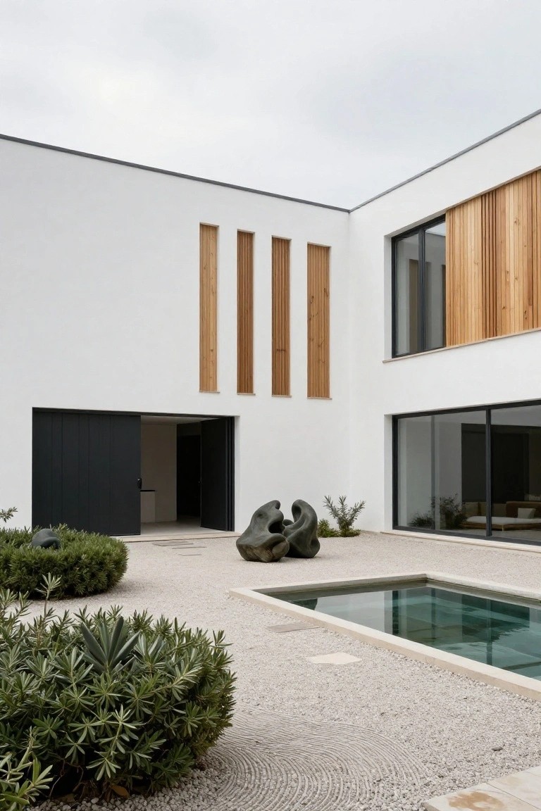 White modern house exterior with vertical wood slats and a black entry door facing a gravel courtyard containing abstract stone sculptures, low shrubs, agave plants, and a rectangular glass-walled reflecting pool.