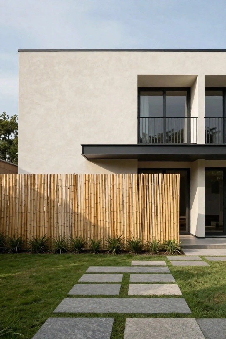 Modern house exterior with light beige stucco walls, black-framed windows and balcony, bamboo privacy fence, grass lawn, and large gray stone pavers forming a path.