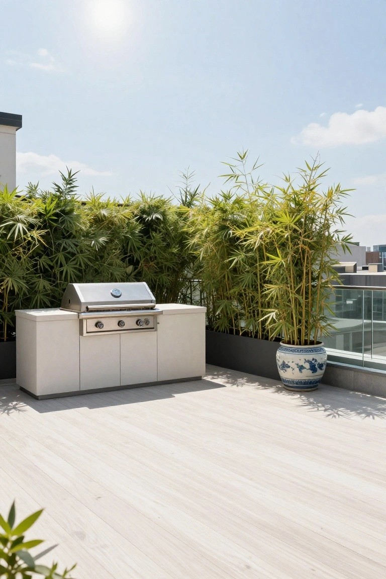 Modern outdoor kitchen grill with bamboo plants on sunny rooftop terrace.