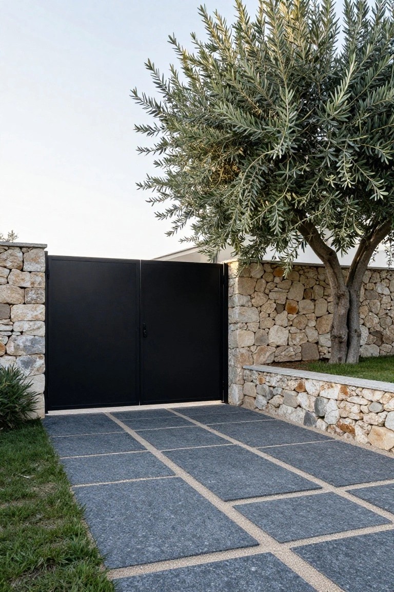 Black double metal gate in a dry stone wall next to a large olive tree, with a dark paver driveway leading to it and grass alongside.