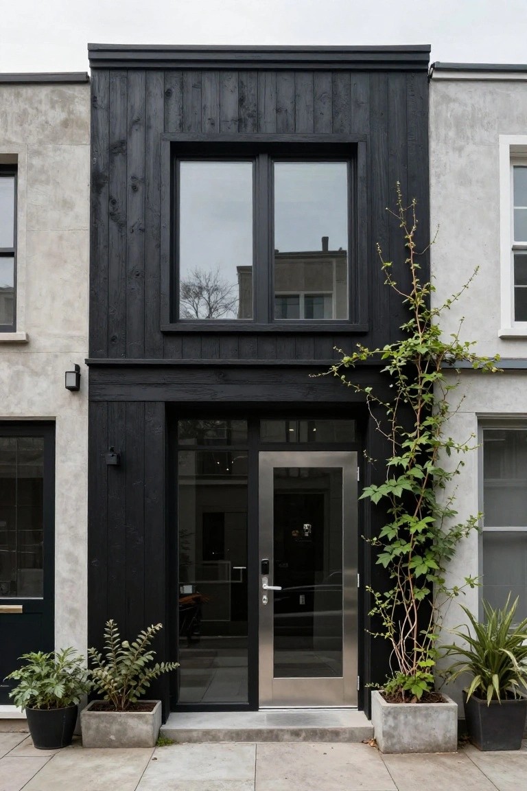 Narrow three-story townhouse exterior with central black vertical wood cladding, large glass windows and steel entry door, light gray stucco side walls, climbing ivy, and potted plants flanking the concrete steps.