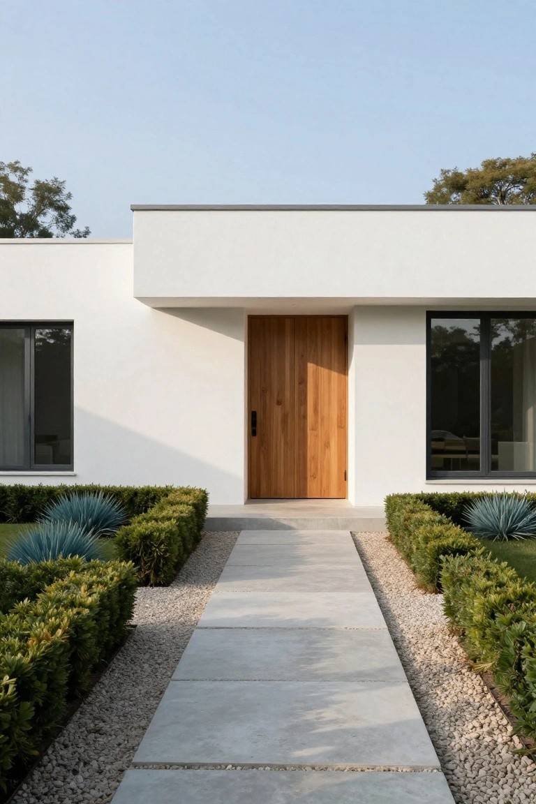 White minimalist house exterior featuring a central wooden door, black-framed windows on sides, concrete slab pathway bordered by gravel and lined with trimmed boxwood hedges and blue agave plants.
