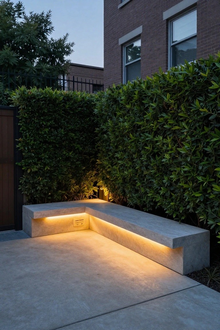 L-shaped gray concrete bench with warm LED strip lighting along the bottom edge, set in a paved corner surrounded by tall green hedges next to a brick wall and wooden gate.