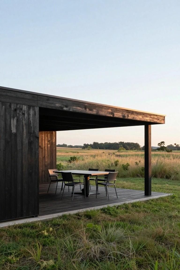 Modern wooden pavilion with dining table overlooking open meadow at dusk.