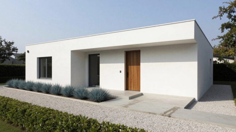 White minimalist house exterior featuring a central wooden door, black-framed windows on sides, concrete slab pathway bordered by gravel and lined with trimmed boxwood hedges and blue agave plants.