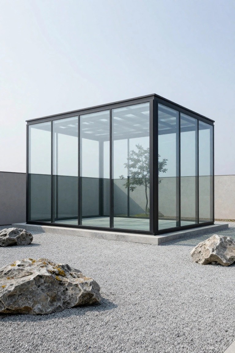 Black-framed glass pavilion enclosing a small tree on a concrete base, surrounded by white gravel and large rocks in an open minimalist landscape.