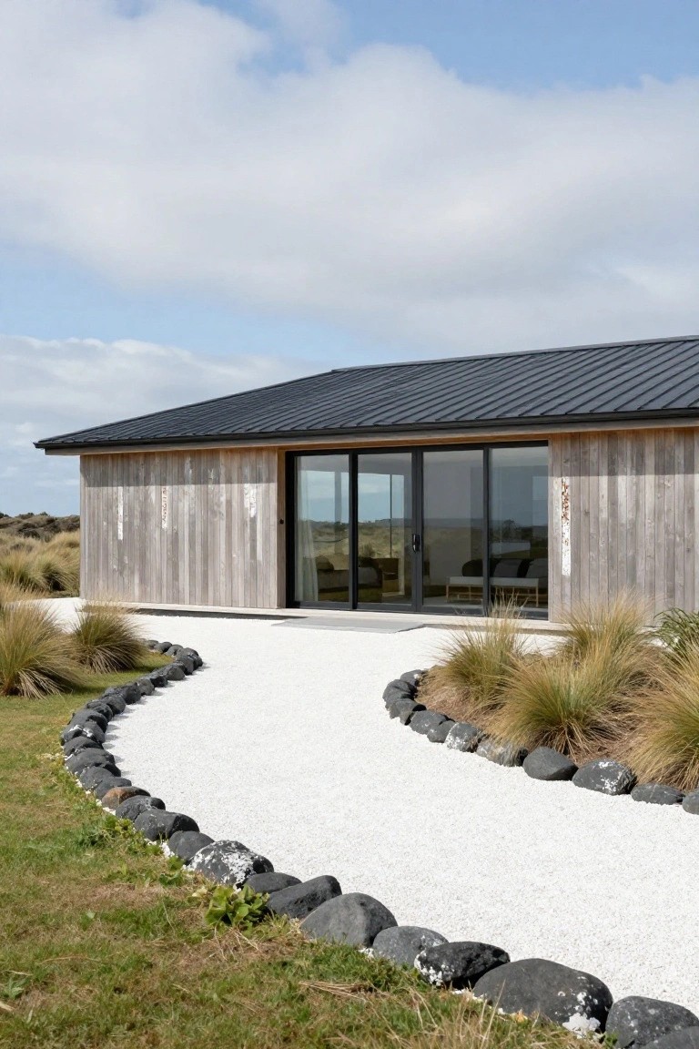 Modern wooden beach house with large glass doors and white gravel path.