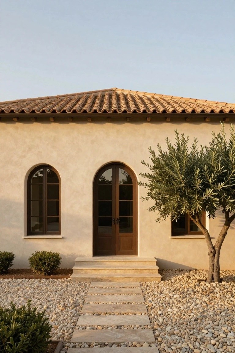 Mediterranean-style house with arched wooden door and olive tree.