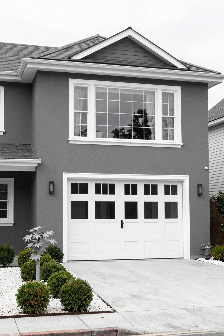 Black-and-white photo of a two-story house with dark gray siding, white-framed multipane windows and garage doors, flanked by shrubs and white pebbles along a concrete driveway.