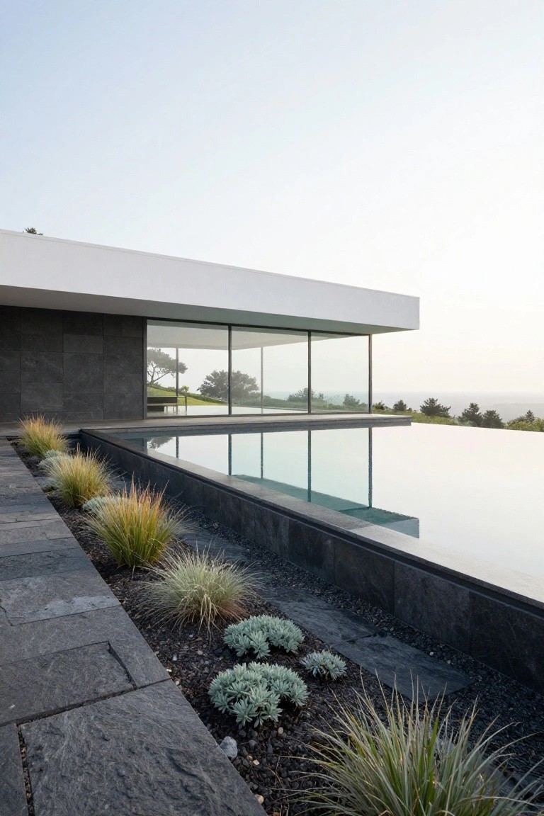 White cantilevered modern house with dark stone walls, large glass panels, and infinity edge pool on a terrace overlooking distant hills and trees, bordered by stone pavers and ornamental grasses.