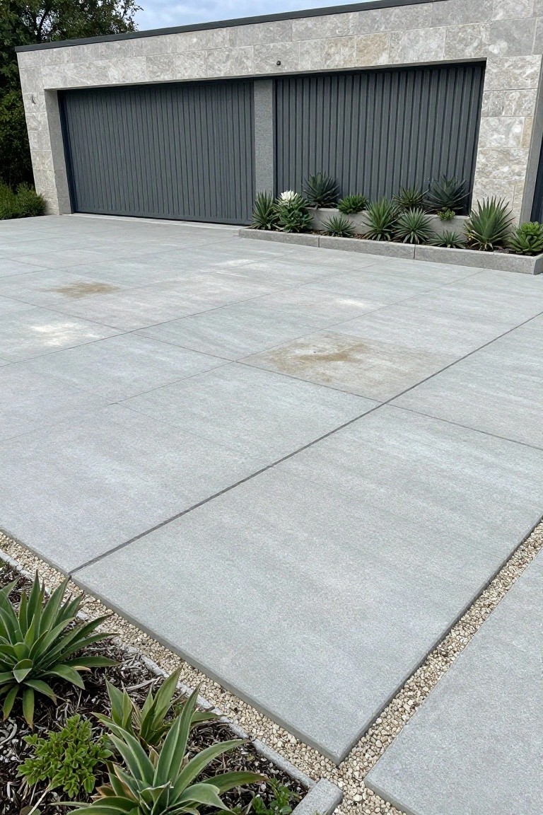 Modern gray stone driveway with sleek garage doors and succulent garden bed.