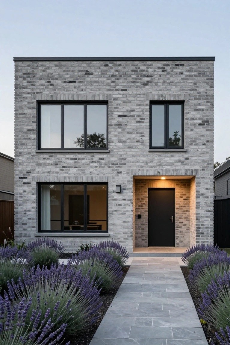 Gray brick modern house with black-framed windows, recessed black front door with light, and lavender bushes lining a gray stone pathway to the entry.