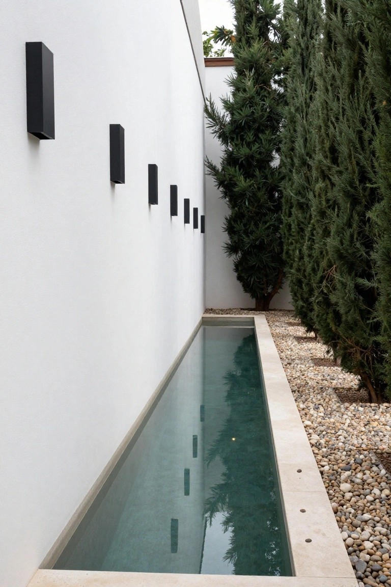 Narrow rectangular pool with green-tinted water along a white stucco wall lined with black rectangular wall-mounted lights, bordered by tall cypress trees and pebble ground cover on a limestone edge.