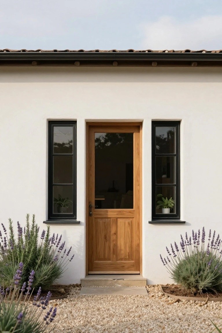 White stucco house facade with centered wooden door between two black-framed windows, lavender bushes flanking the entry, and gravel pathway in front.