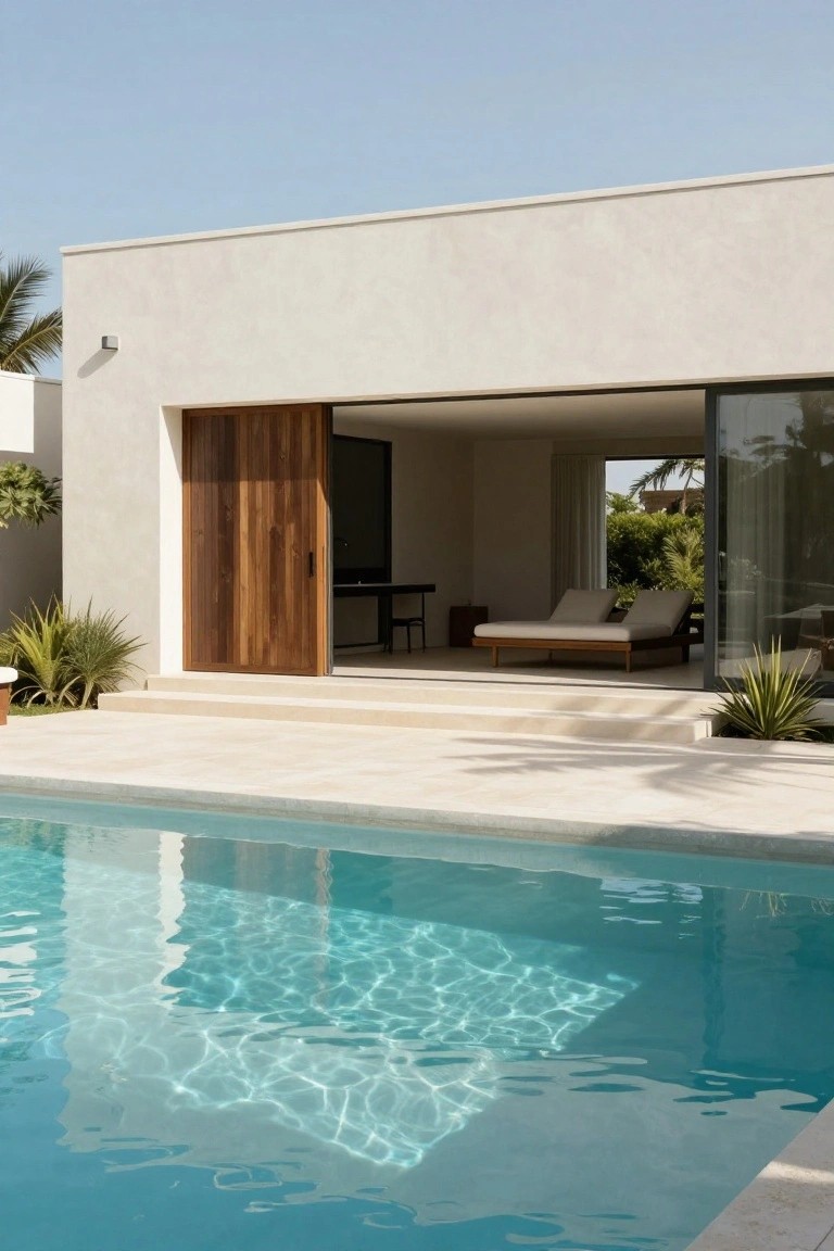 Modern villa with pool, wooden door, and lounge chairs overlooking palms.