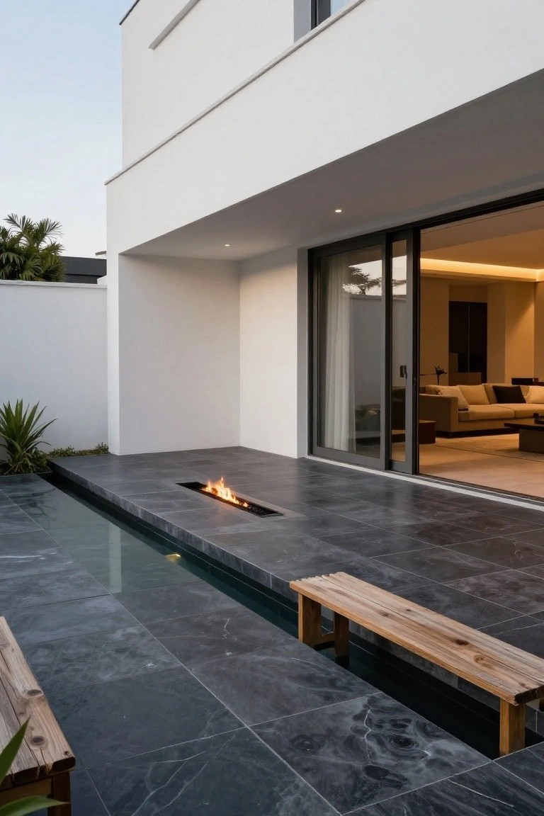 White minimalist house exterior with sliding glass doors opening to a black slate terrace floor that includes a recessed linear fire pit, adjacent narrow water channel, wooden benches, and tropical plants.