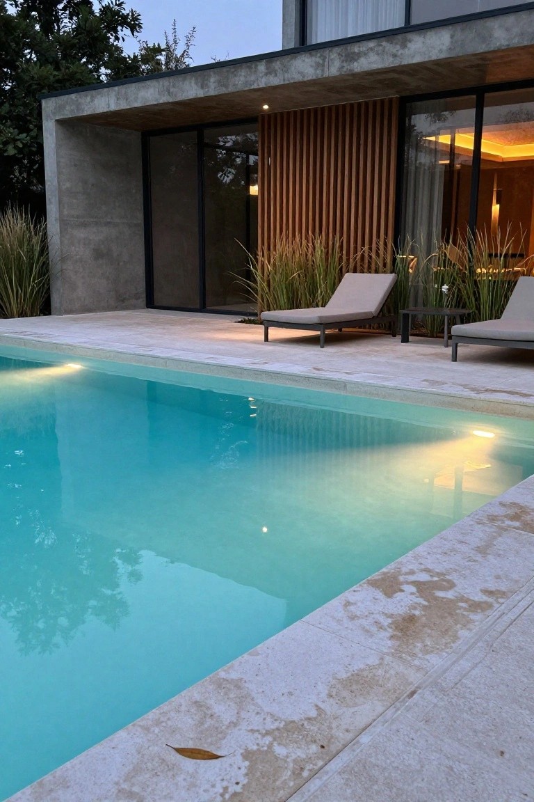 Low-angle photo of a lit infinity pool at dusk beside a concrete modernist house with wood slats, gray lounge chairs on a stone deck, and tall grasses nearby.