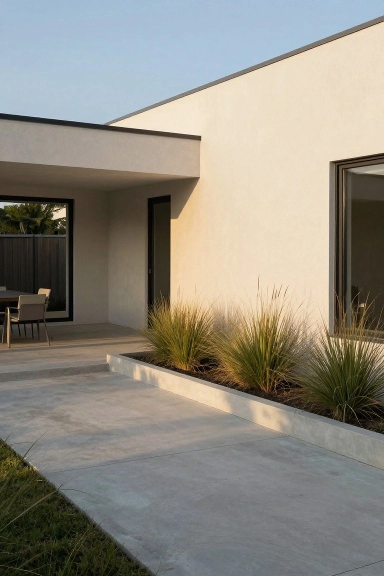 Modern white stucco house exterior with black-framed large windows and door, covered porch area with outdoor dining table and chairs, linear concrete planter box filled with tall grasses, and polished concrete patio adjacent to grass lawn.