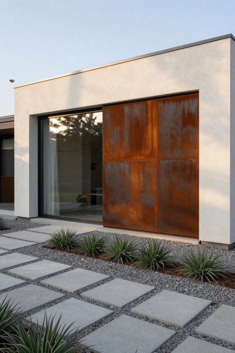 Modern house corner with white stucco wall, large glass sliding door with sheer curtain, adjacent vertical rusted metal panel, and gray stone paver pathway through gravel with spiky plants.