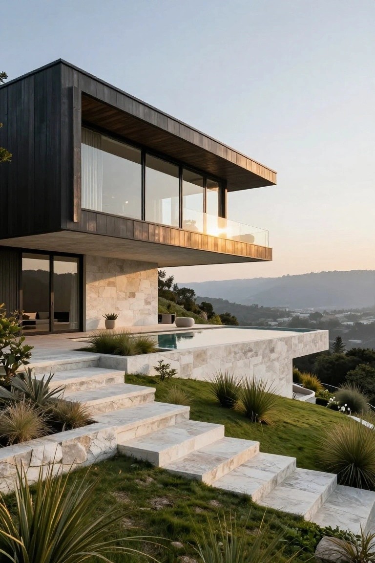 Modern villa exterior with dark cantilevered upper volume over light stone base, large glass windows, infinity pool, and stone steps on a grassy hillside at sunset.
