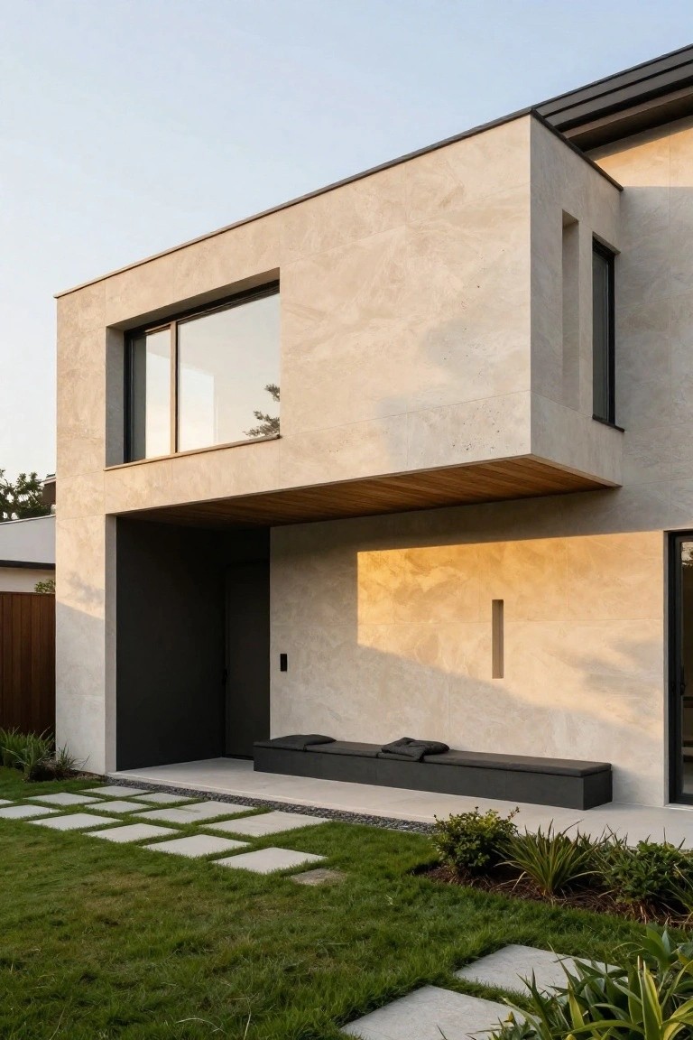 A modern house exterior with a large cantilevered upper level over a covered entrance that includes a built-in bench along the wall and square pavers set into the lawn.