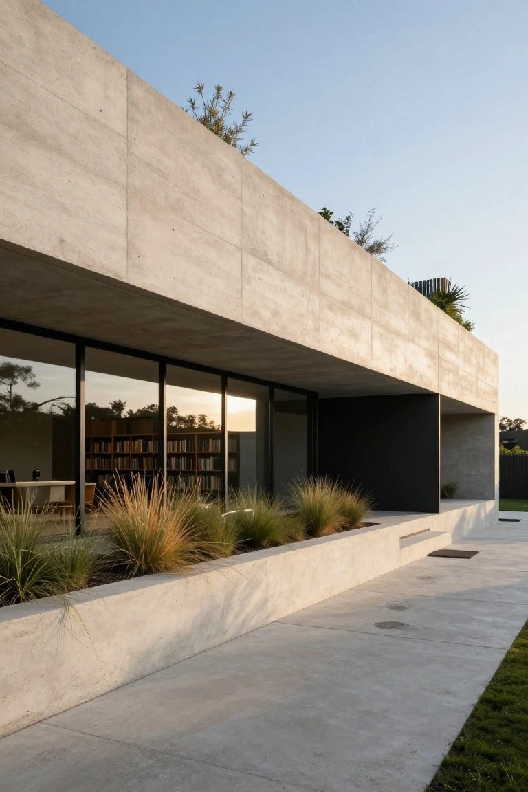 A modern concrete villa with a large cantilevered roof overhang above floor-to-ceiling glass windows, a concrete walkway, and tall ornamental grasses in front.