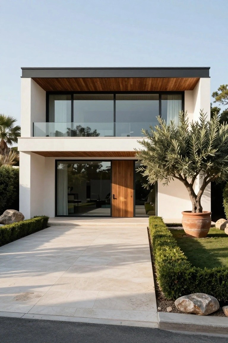 Modern white villa with large glass windows, wooden door, balcony, and potted olive tree.