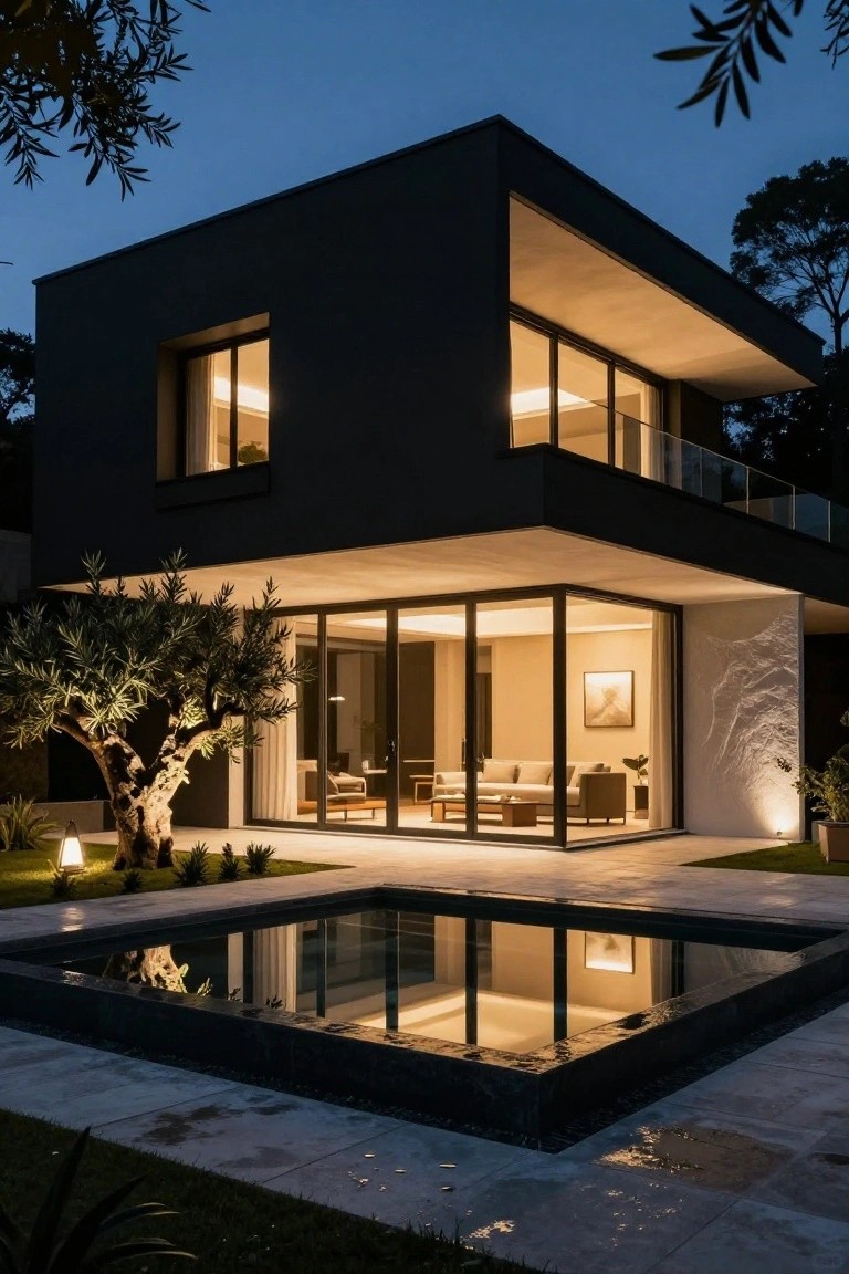 A modern two-story villa with a dark facade, large illuminated glass windows and doors, a rectangular reflecting pool in the foreground, and trees around the property at dusk.