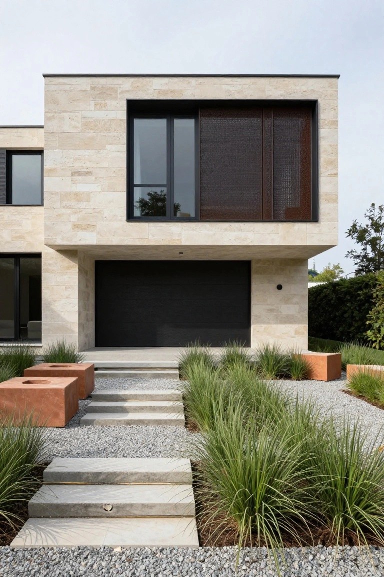 A modern two-story villa with light stone walls, large dark-framed windows on the upper level, and a black garage door below, with concrete steps and gravel landscaping in front.