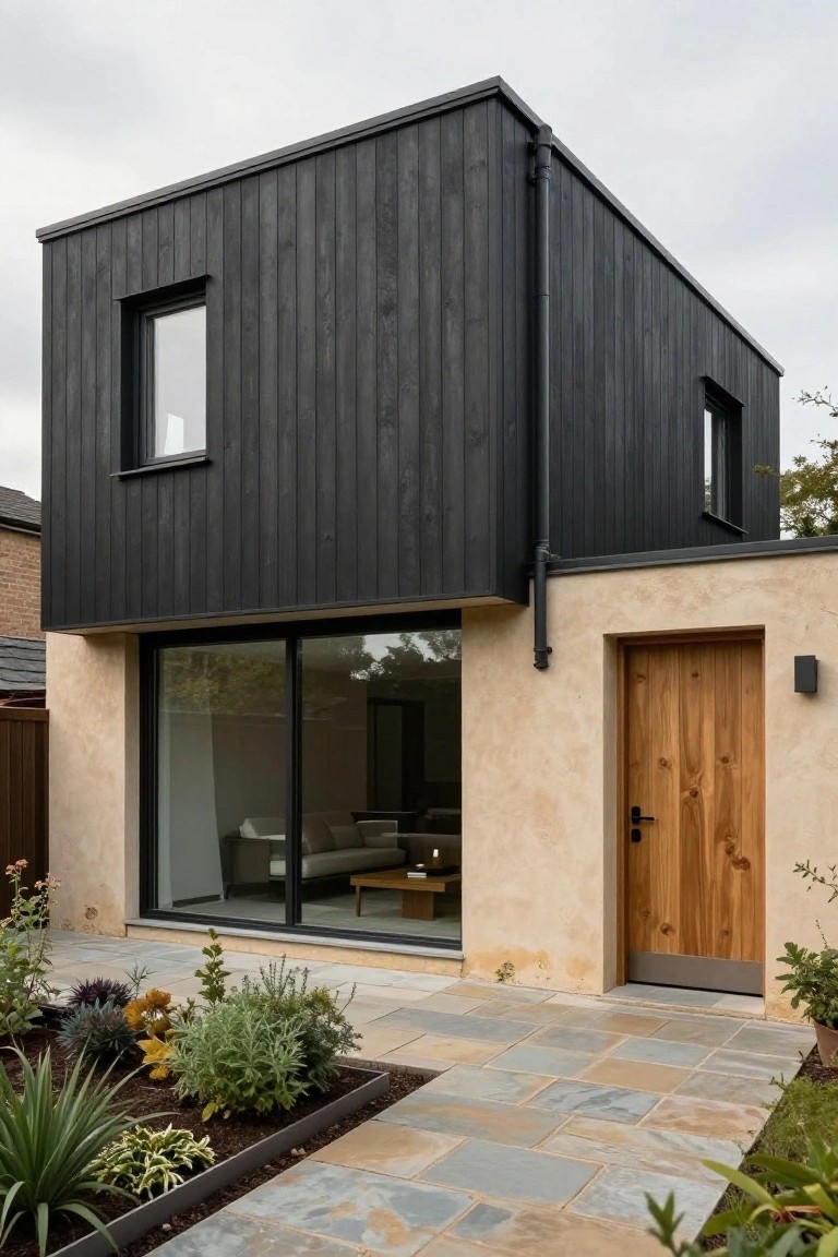 A modern two-story house with dark vertical wood cladding on the upper level, a light stucco base, large glass windows, and a wooden front door.