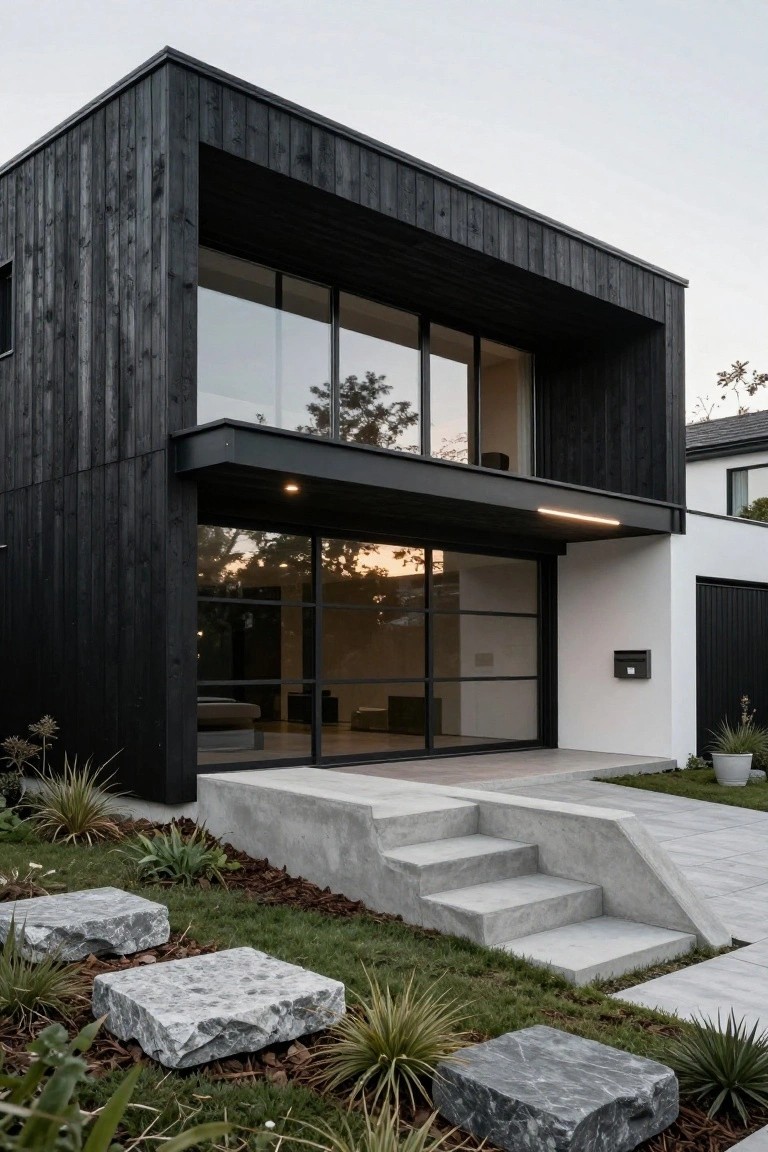 A modern house with black wood cladding on the upper volume, white walls below, large glass windows, and concrete steps in the foreground.