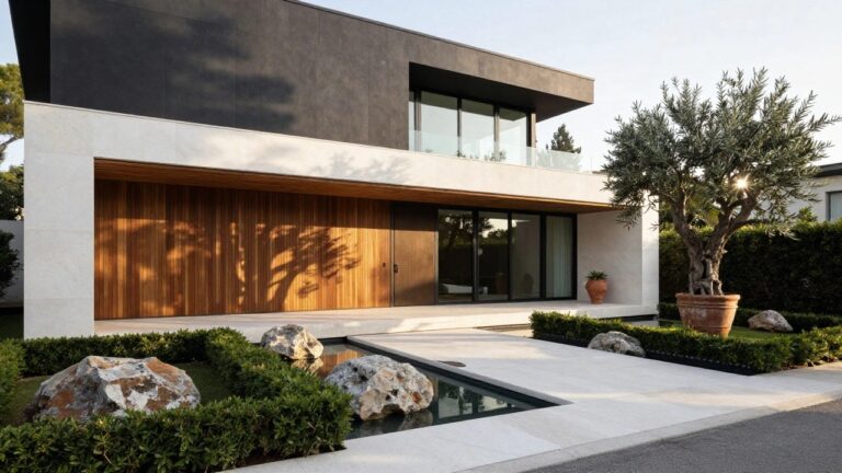 Modern white villa with large glass windows, wooden door, balcony, and potted olive tree.