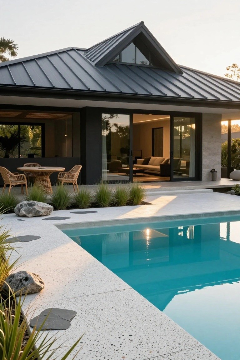 A modern single-story house with a dark metal roof and large sliding glass doors opening onto a light concrete patio beside a swimming pool.
