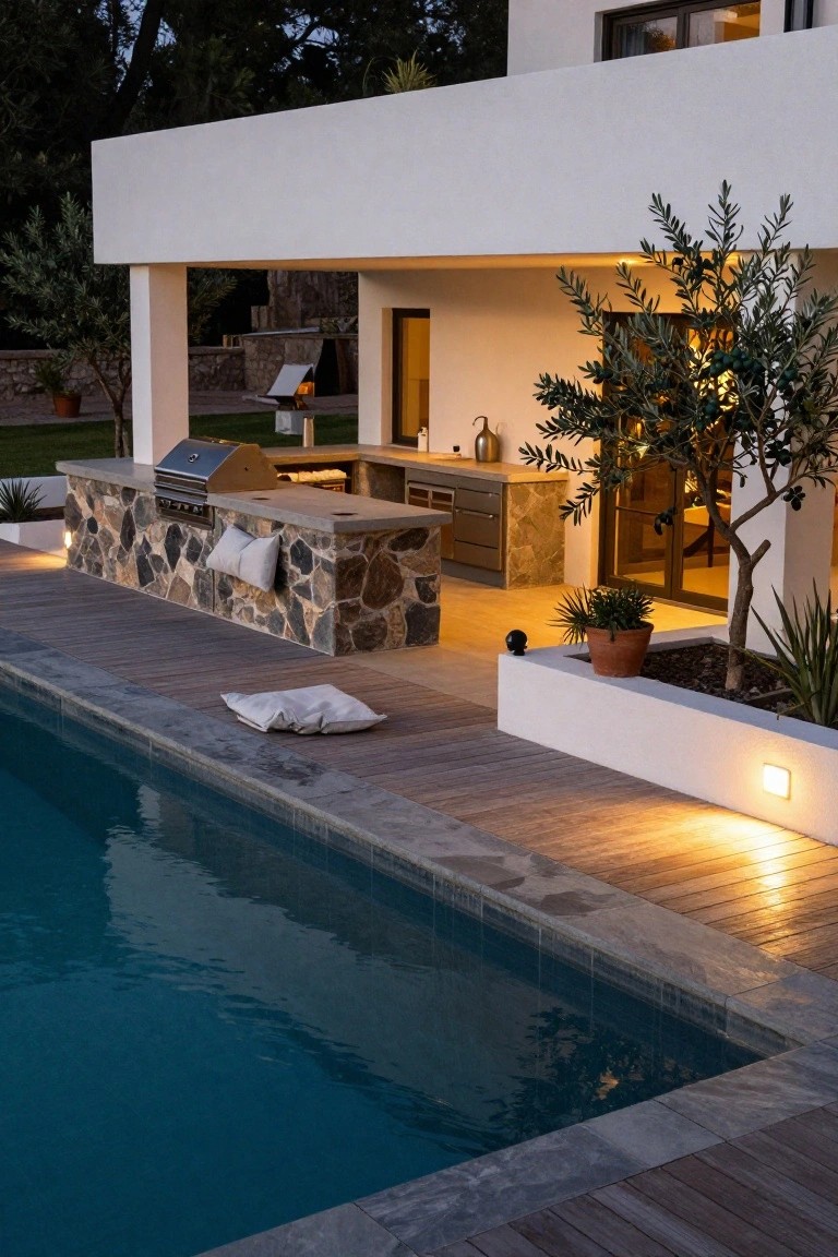 A modern outdoor kitchen with a stone base and built-in grill sits beside a swimming pool on a wooden deck next to a white villa.
