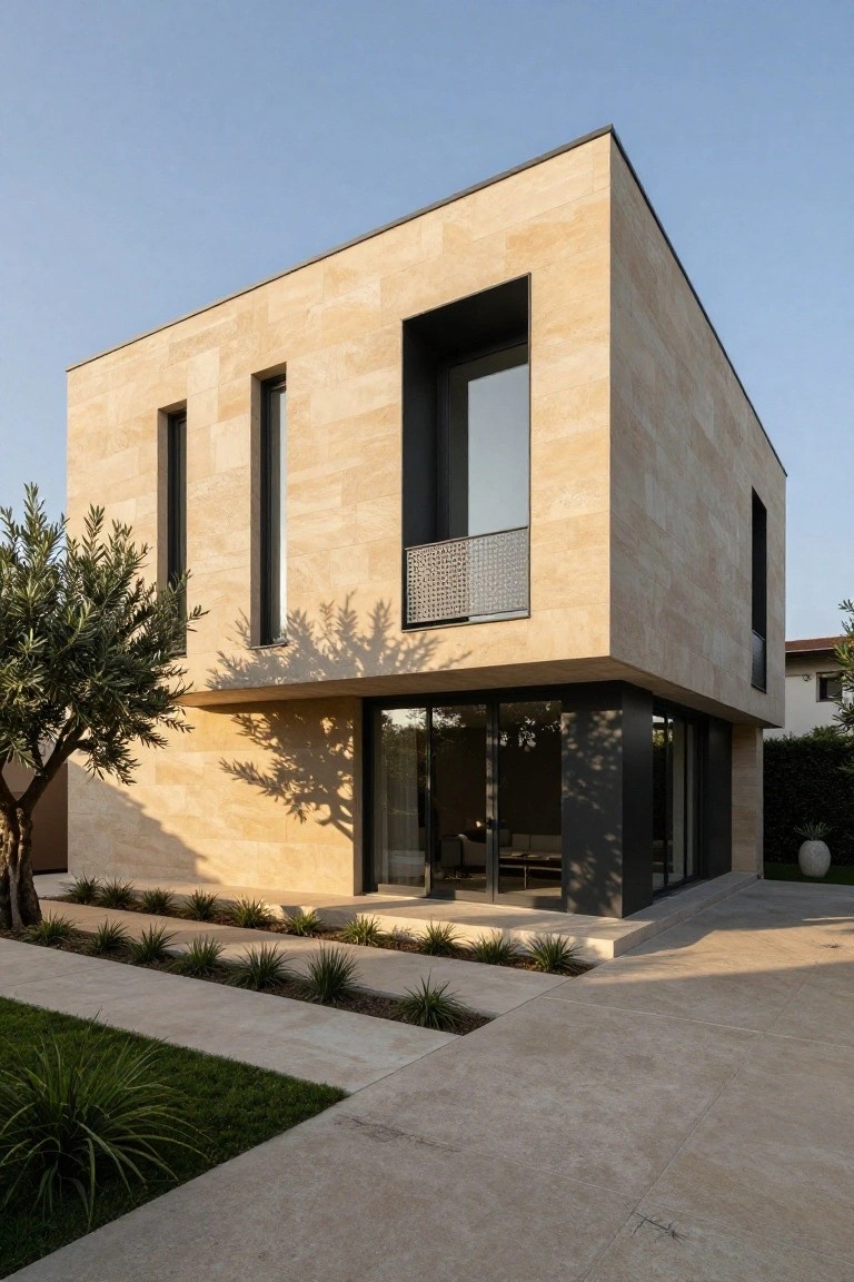 A modern two-story villa with light stone cladding, dark recessed windows, and a balcony with metal railing.