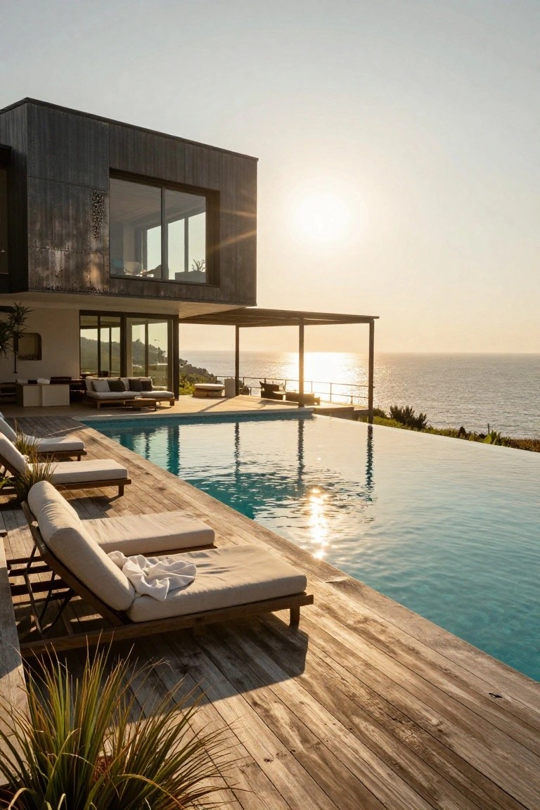 A modern villa exterior with an infinity pool set on a large wooden deck, several lounge chairs along the water, and an ocean view at sunset.