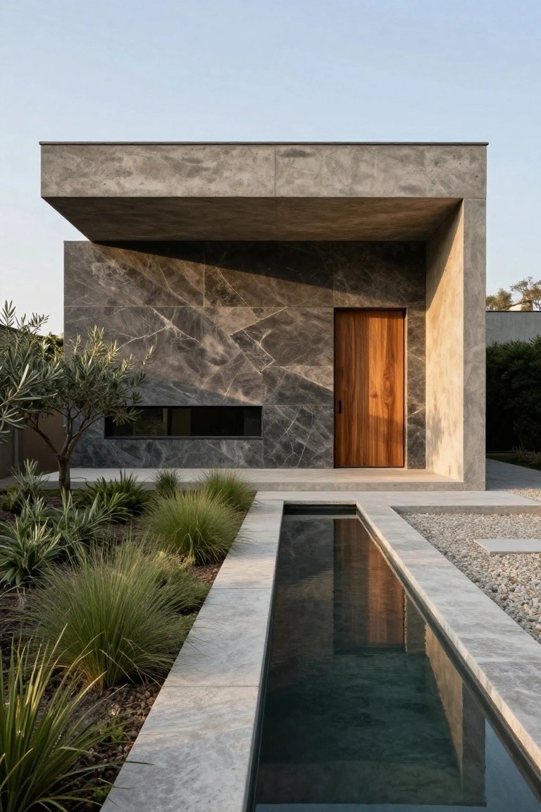 Modern concrete home with marble walls, wooden door, and linear reflecting pool