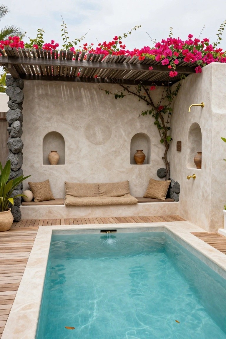 A rectangular plunge pool with built-in bench seating, cushions, and a wooden pergola covered in pink flowers above a stucco wall with arched niches.