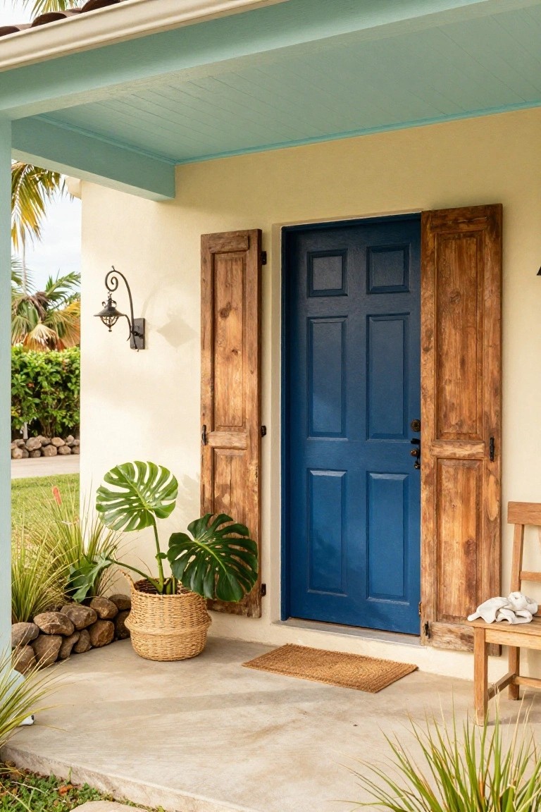 A blue six-panel front door flanked by open wooden shutters on a light-colored house wall, with a woven basket holding large green leaves on the concrete porch.