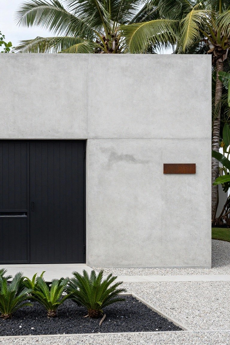 Modern concrete wall with black door, rusted plate, and tropical plants.