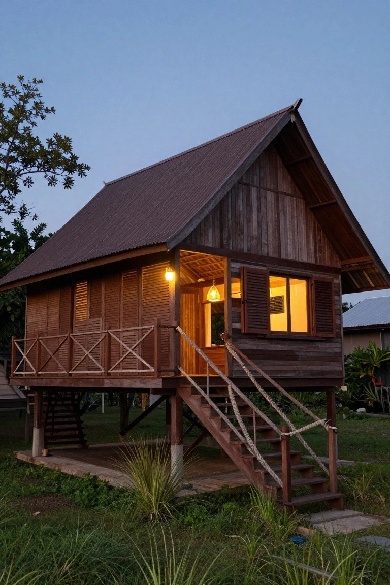 A wooden house elevated on stilts with a steep brown metal roof, external stairs, and warm interior lighting visible through open shutters.