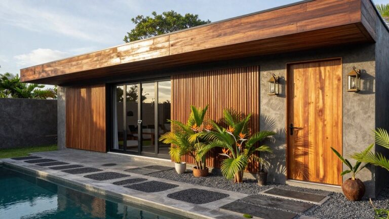A modern tropical house exterior features horizontal wood siding, a carved wooden door, large glass sliding doors opening to a pool, and stone stepping paths through gravel and plants.