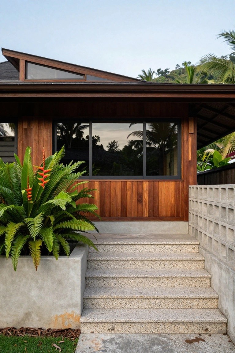 Front entrance of a wooden house with concrete steps, a large concrete planter holding ferns and orange flowers on the left, and a concrete block wall on the right.