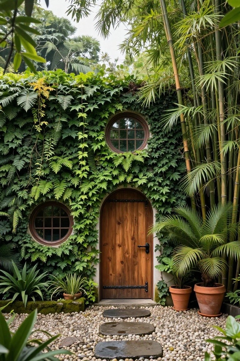 A wooden arched door and two round windows are set into a wall thickly covered with green vines, with a pebble path and potted plants in front.