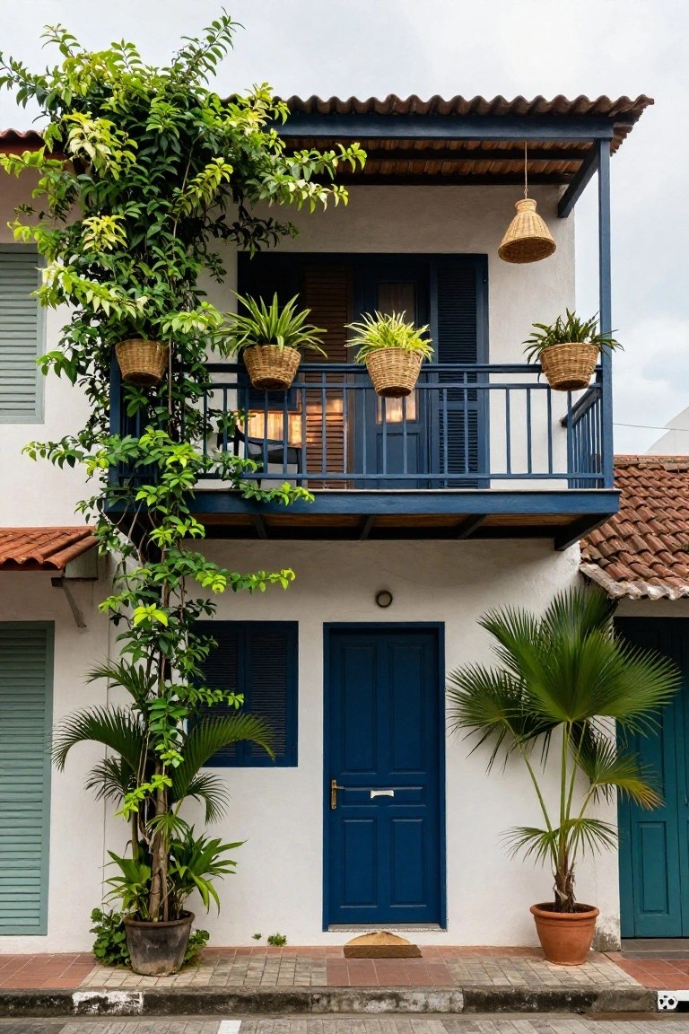 White tropical house exterior with a blue balcony holding four hanging wicker baskets of plants, plus climbing vines on the left side and potted palms at ground level.