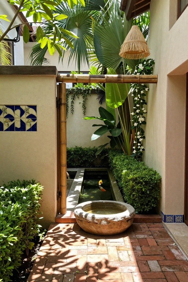 A tropical courtyard garden with a rectangular koi pond running between dense green plants, a brick path in the foreground, and a stone basin near the entrance.