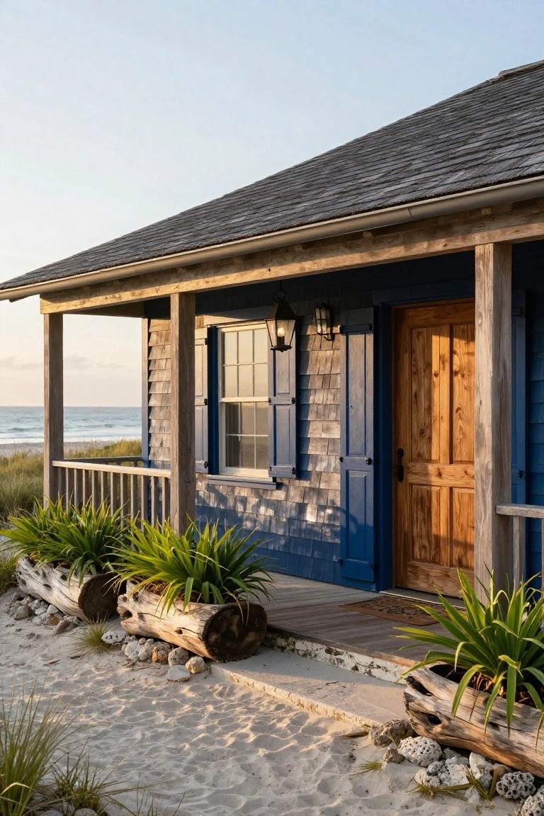 A blue wooden beach house exterior with a porch, wooden door, and several hollowed log planters holding green plants along the sandy front.