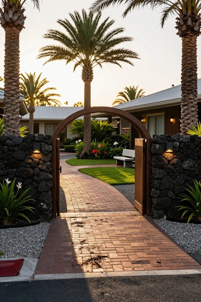 A brick pathway leads through an open wooden gate under a curved arch, flanked by dark stone walls with lights and palm trees in front of a house.