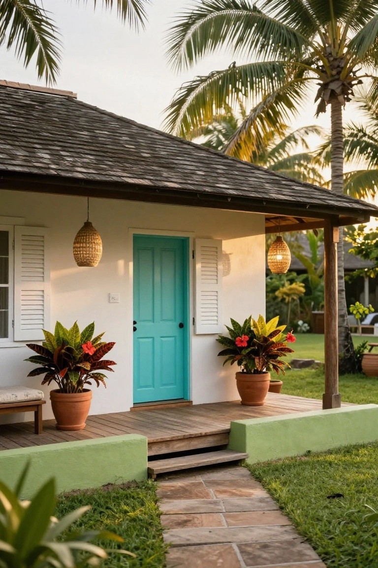 Tropical cottage with turquoise door, wooden deck, potted plants, and palm trees.