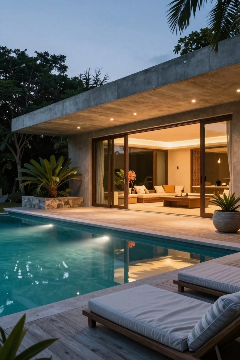 A modern concrete house with a rectangular pool, wooden deck, two lounge chairs in the foreground, and large sliding glass doors open to a lit living room.